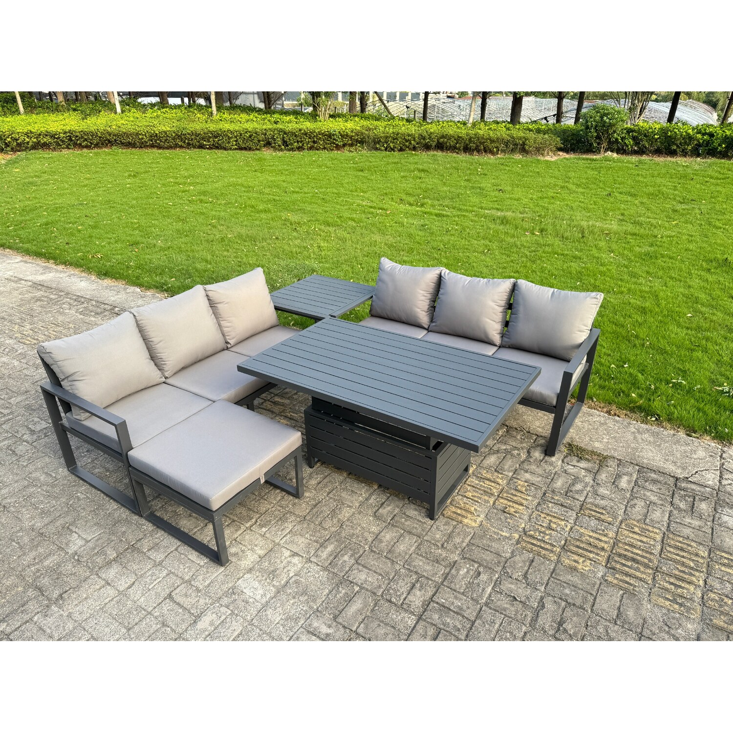 Fimous Dark/Grey 7 Seater Aluminium Garden Furniture Set With Adjustable Rising Dining Table, 2 Sofas, Side Table & Footstool - Image 3