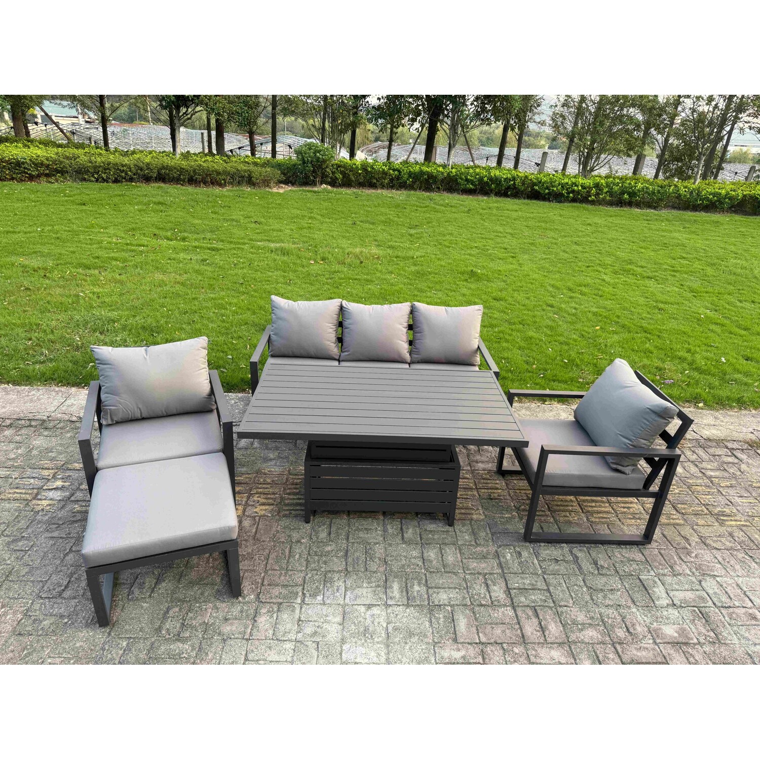 Fimous Unisex Dark Grey Aluminum 5-Piece 6-Seater Sofa Set With Lifting Table & Big Stool In Size 5 - Image 3