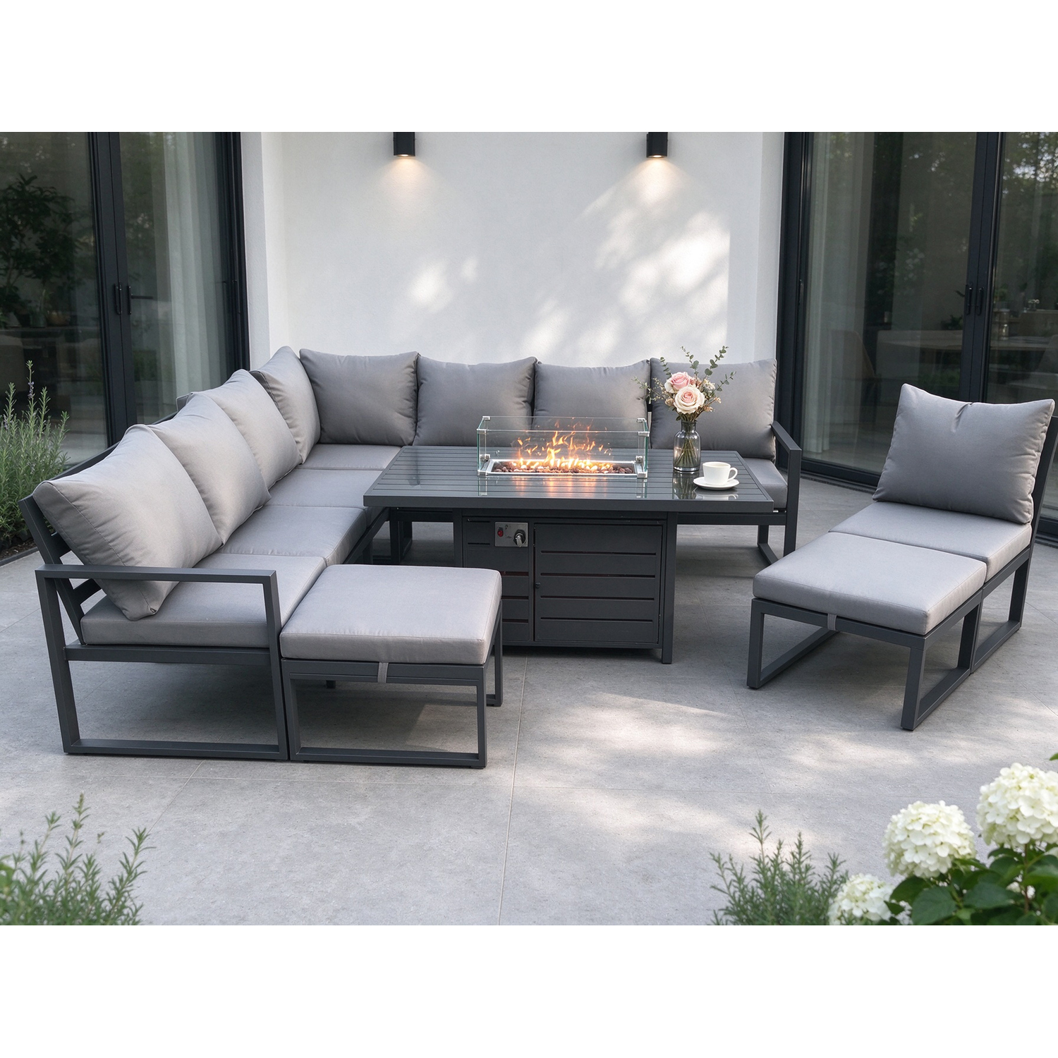 Rackhams Dark/Grey Aluminium Lounge Corner Sofa Outdoor Garden Furniture Sets Gas Fire Pit Dining Table Set With 2 Big Footstools - Image 2