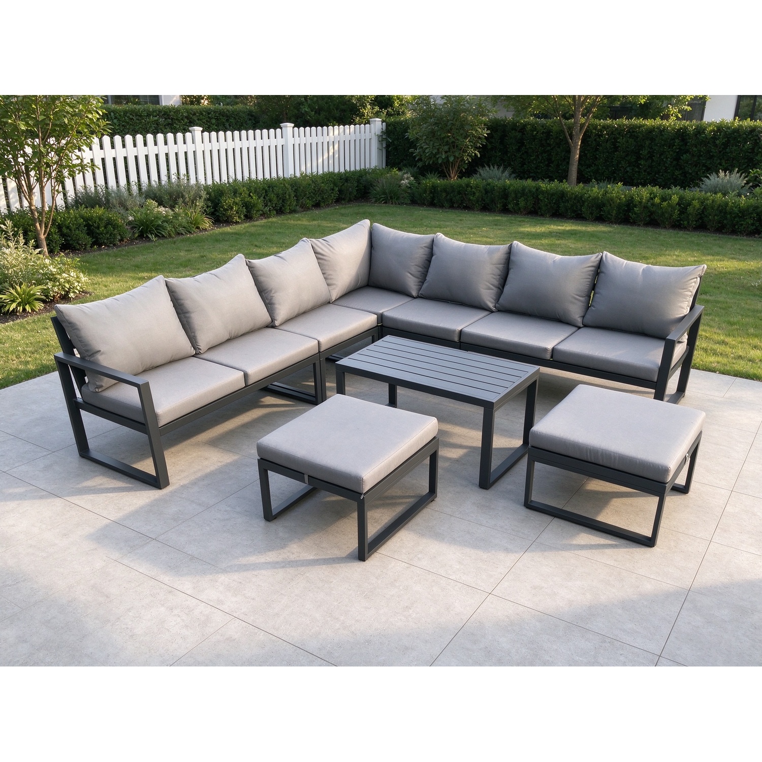 Fimous Aluminium Outdoor Garden Furniture Set Lounge Corner Sofa Oblong Coffee Table Sets With 2 Big Footstools Dark Grey - Image 3