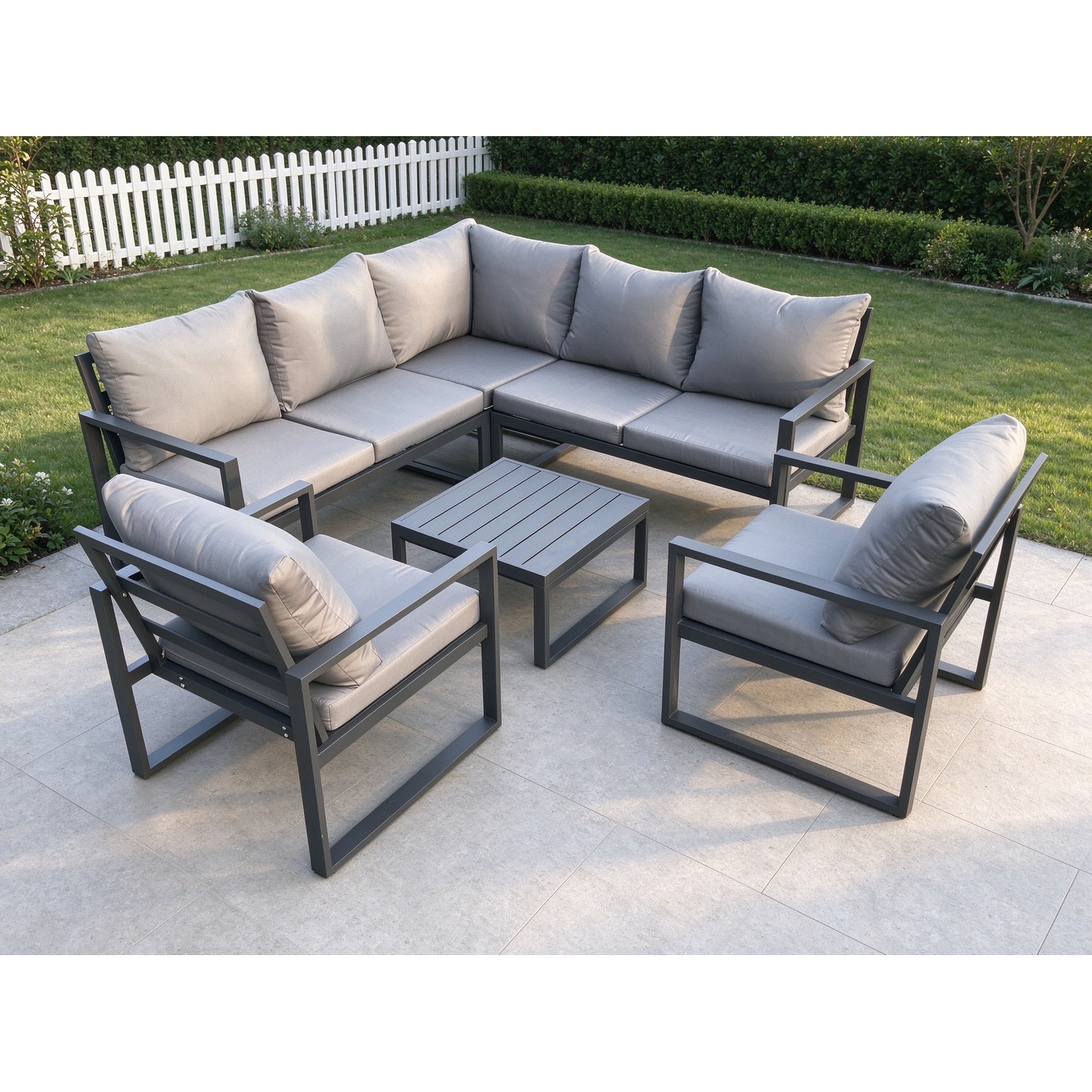 Rackhams Dark/Grey Outdoor Garden Furniture Set Aluminium Lounge Sofa Square Coffee Table Sets With 2 Pcs Chair Indoor Conservatory Set - Image 2