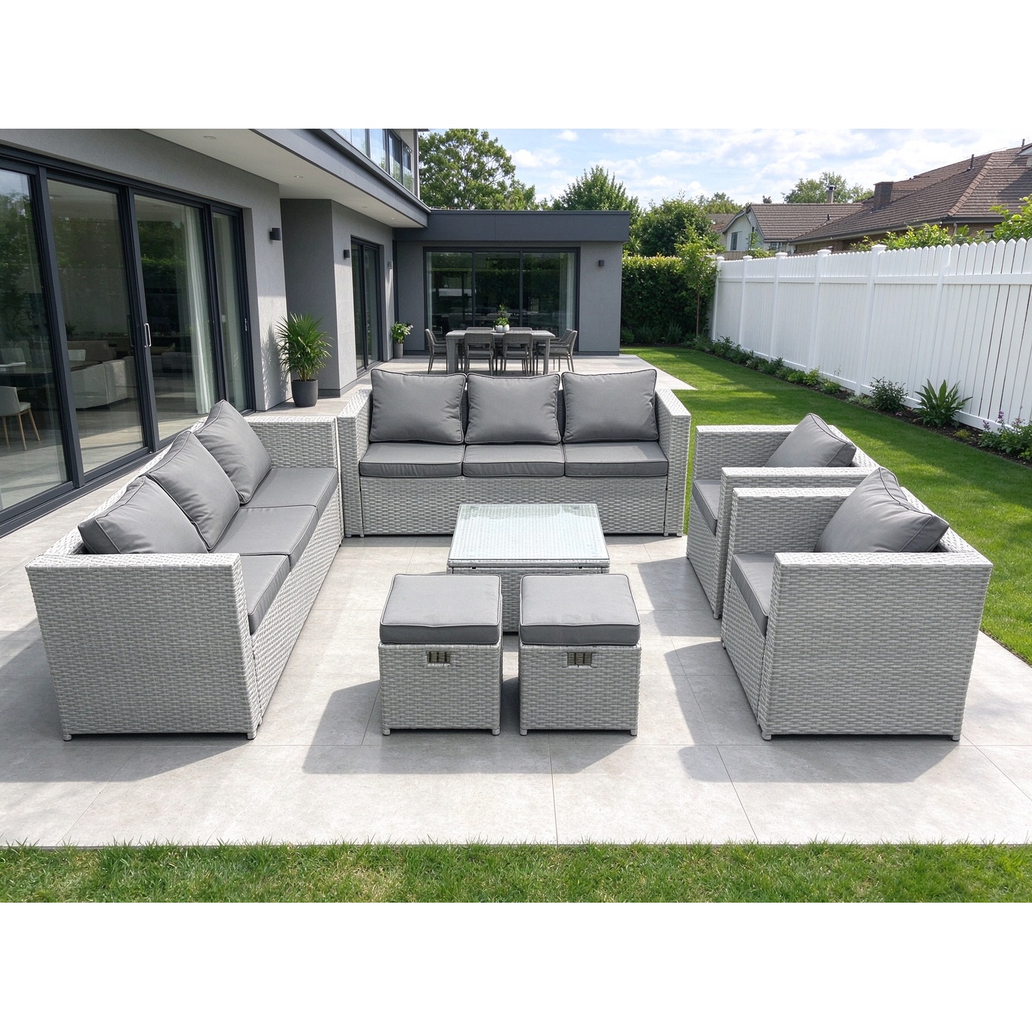 Fimous Unisex Light Grey Outdoor Rattan Sofa Garden Furniture Set With 2 Armchairs Square Coffee Table 2 Footstools Mixed Small - Image 2