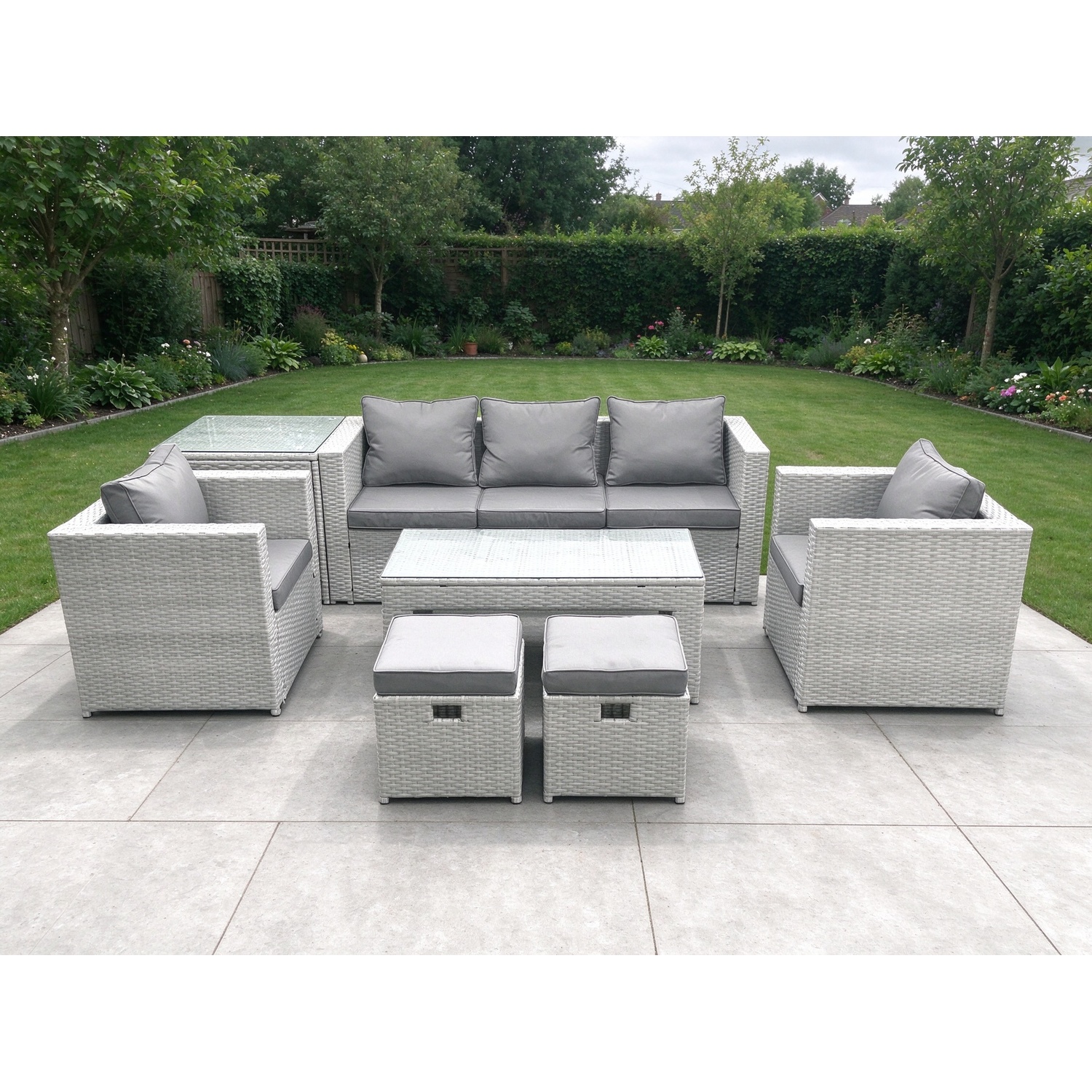 Fimous Light/Grey Rattan Garden Furniture Set 7 Seater Outdoor Garden Sofa Oblong Coffee Table Set With 2 Chairs 2 Stools Side Table Mixed - Image 2