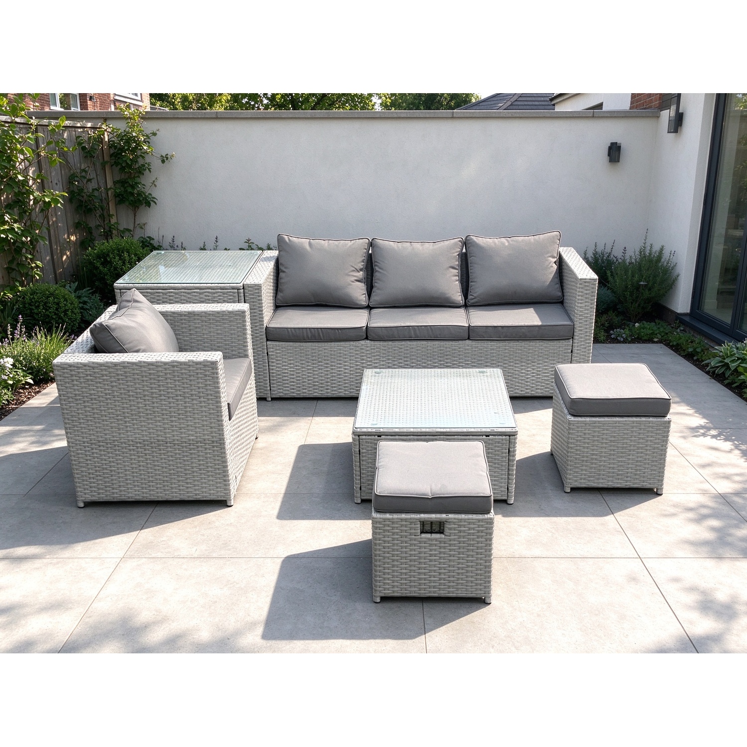 B&Q - Garden Outdoor Furniture Set 6 Seater Rattan Sofa Set 2 Small Stools Armchair Side Table Light Grey - Image 2