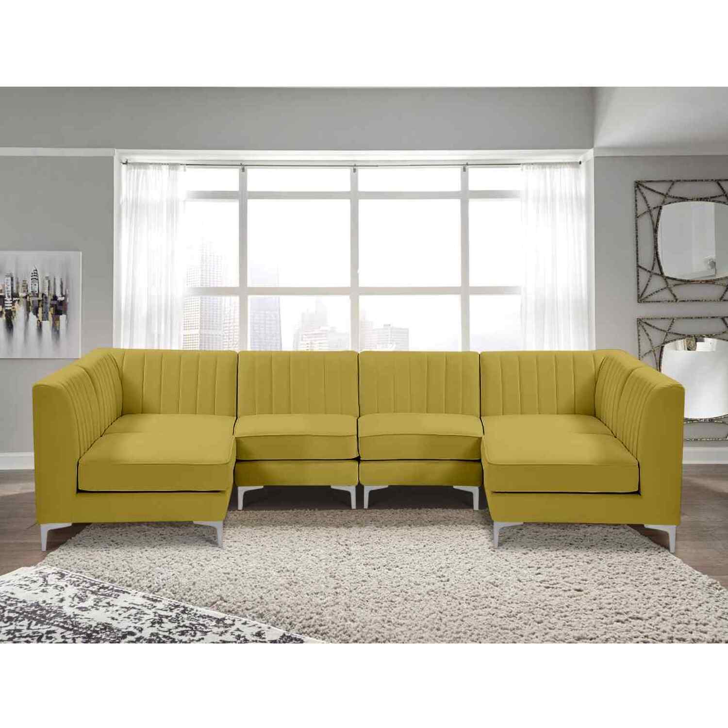 Simply Eleganza - Elena Modular Corner U Shape Sofa in Velour Fabric - Yellow thumbnail