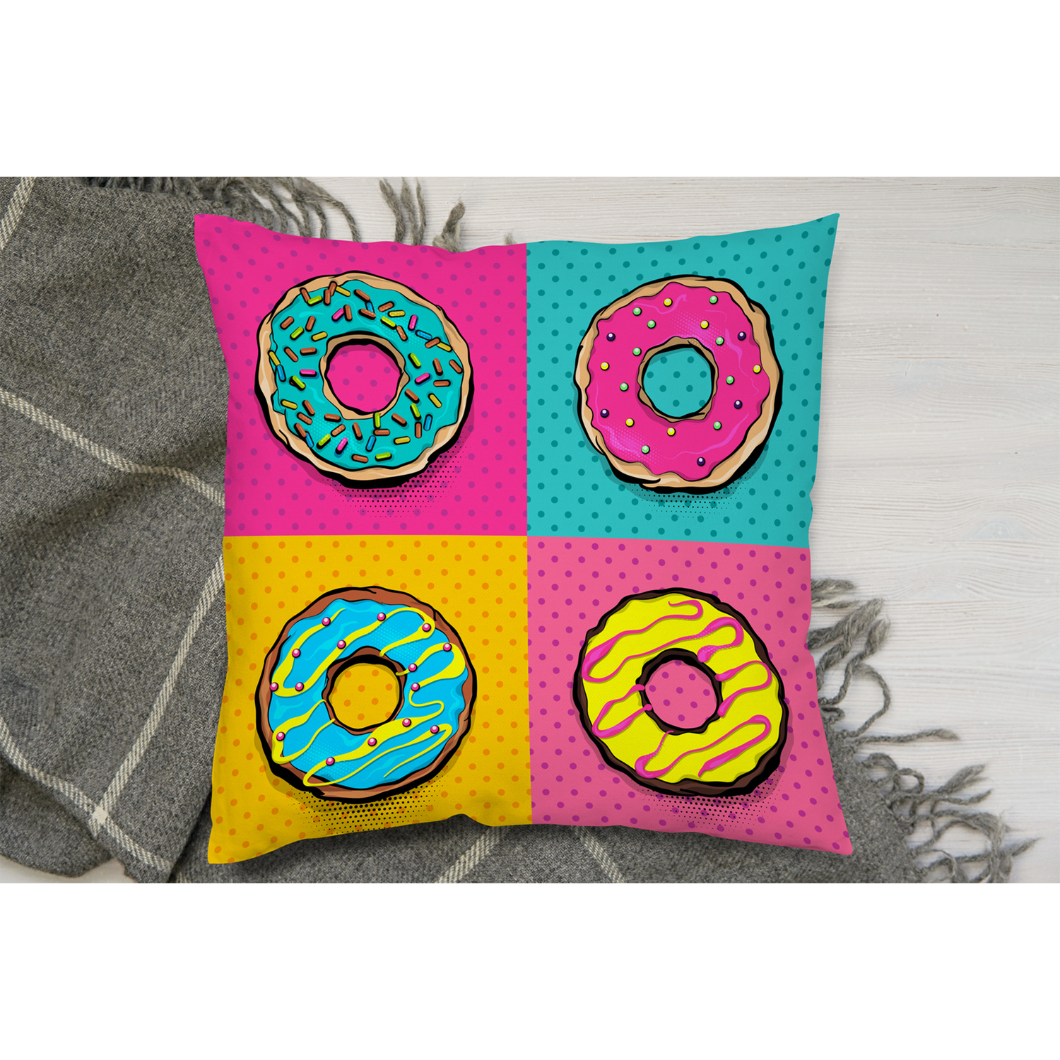 Set Doughnut Sweet Food, Donut Cartoon Pop Art Style Cushion - Pink / 60