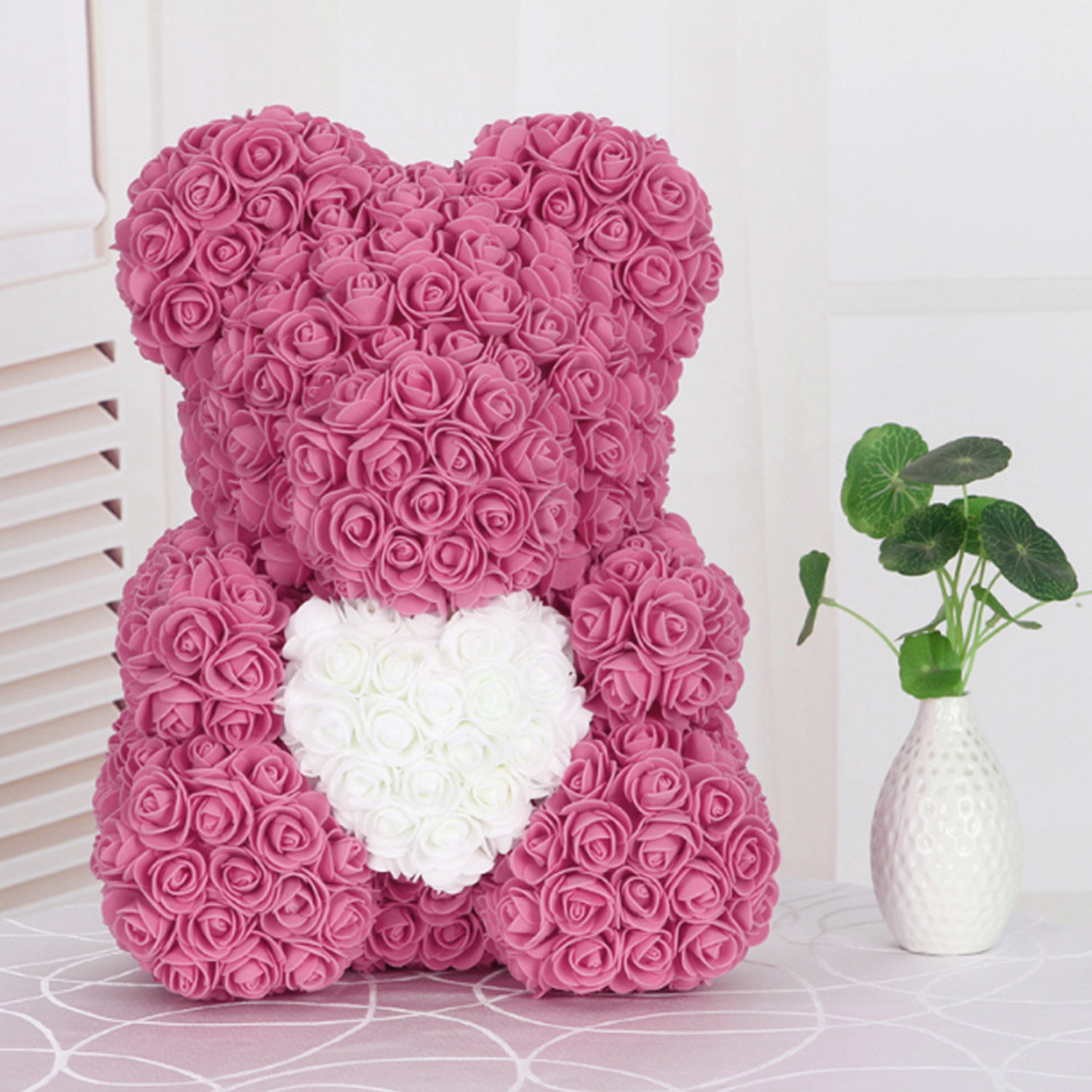 Image of Artificial Flower Teddy Bear Foamy Doll With Loving Heart Light String - Pink