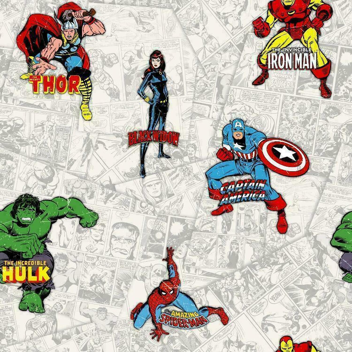 Muriva Marvel Avengers Multi Coloured Hulk Thor Ironman Comic Strip Kids Room - White