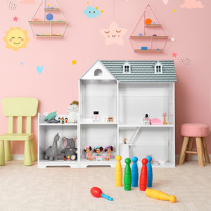 Costway 2-in-1 Multi-Purpose Children's Dollhouse Bookcase-Grey