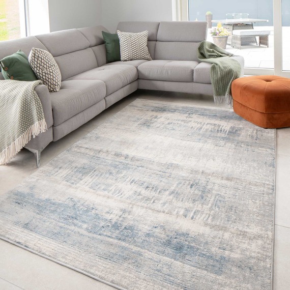 Blue Silver Grey Distressed Abstract Living Area Rug