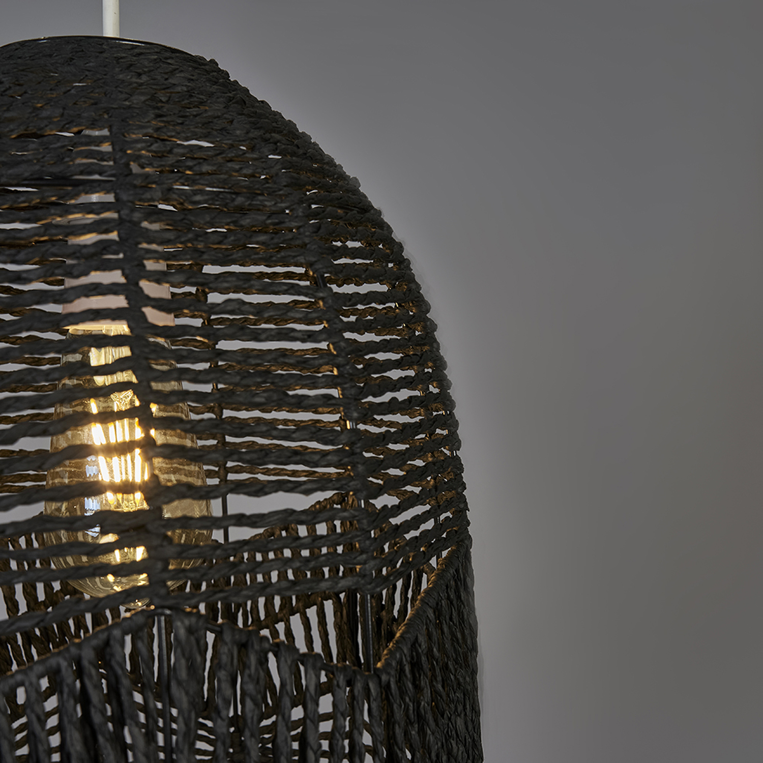 View of Rustic Black Woven Rope Bird Cage Ceiling Pendant Light Shade