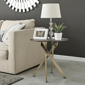 Novara Round Side Table Glass Marble Effect Top Gold Legs