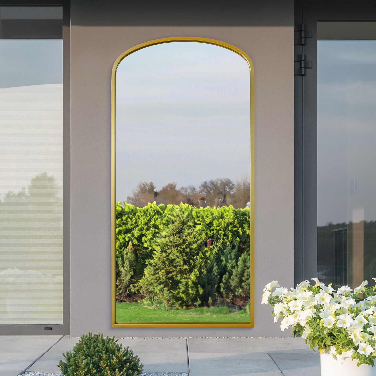 MirrorOutlet - Angustus Metal Outdoor Arched Garden Wall Mirror 170cm - Gold thumbnail