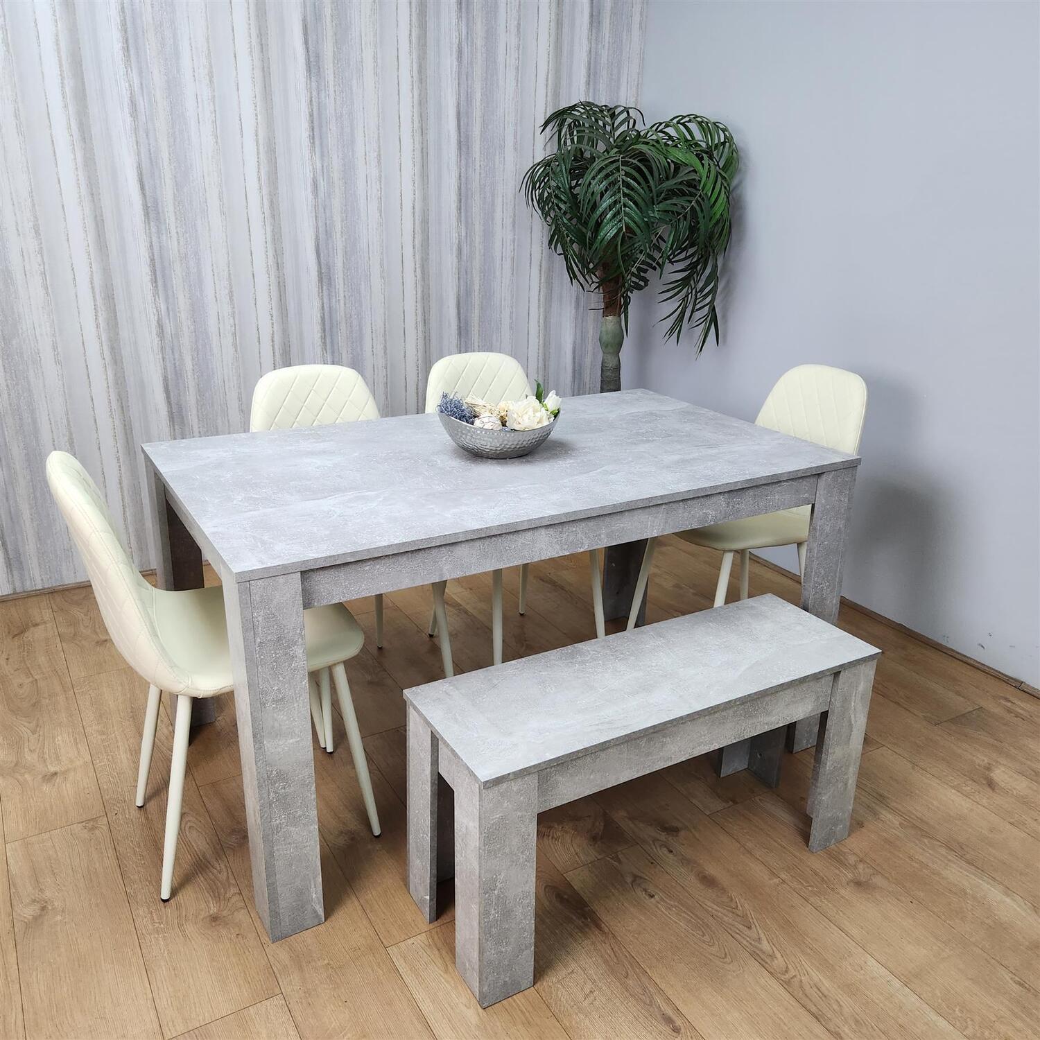 Dining Table Set, Stone Grey Effect with 4 Cream Leather Chairs and 1 Bench