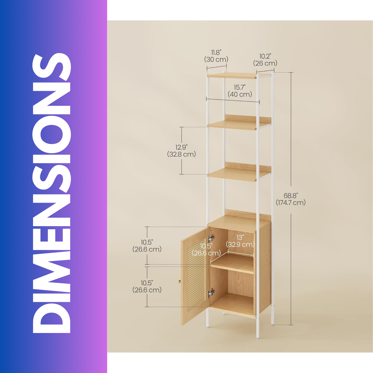 Rattan-like Narrow Bookcase Storage Cabinet With 2 Open Adjustable Shelves - Beige