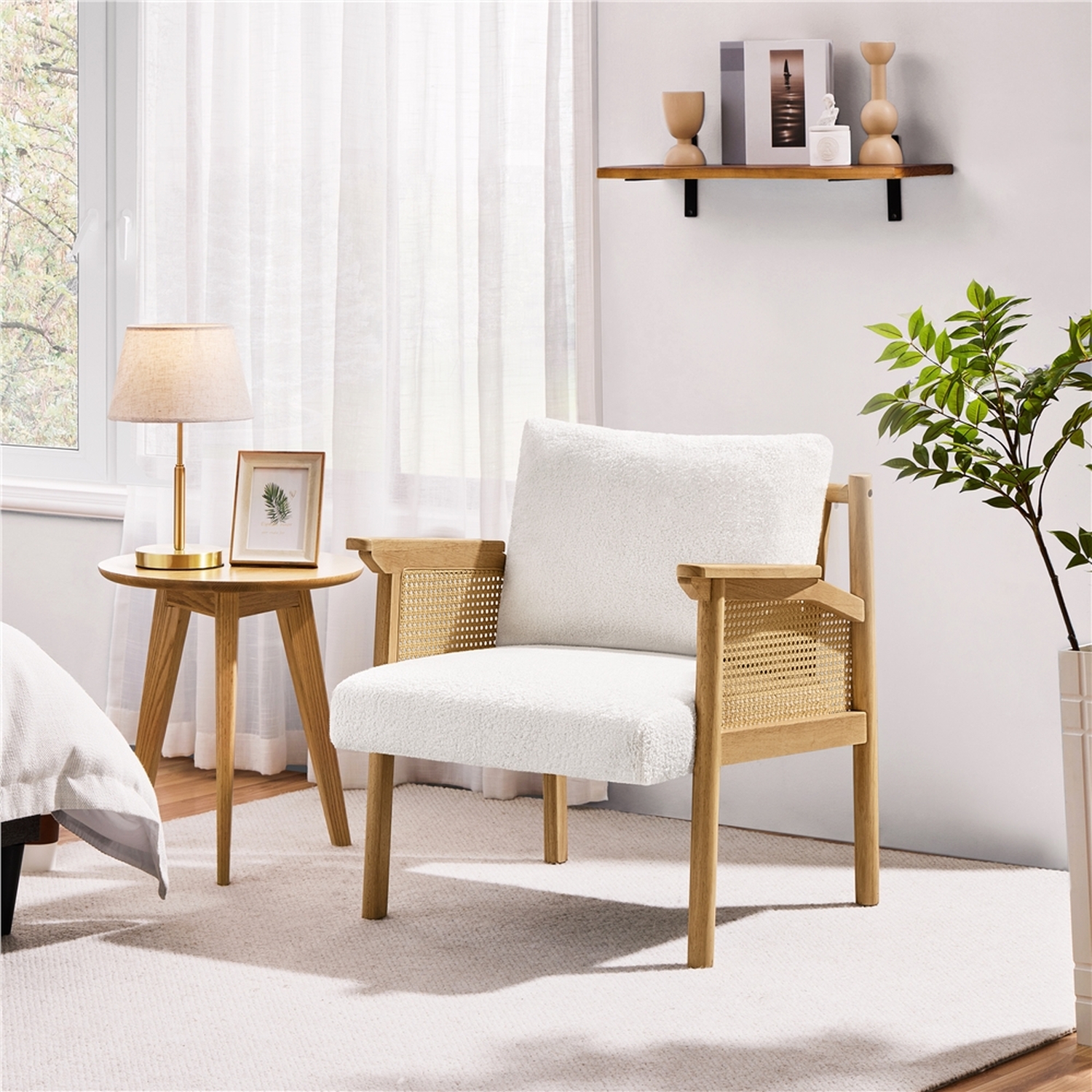 Boucle Upholstered Chair With Rattan Back - White