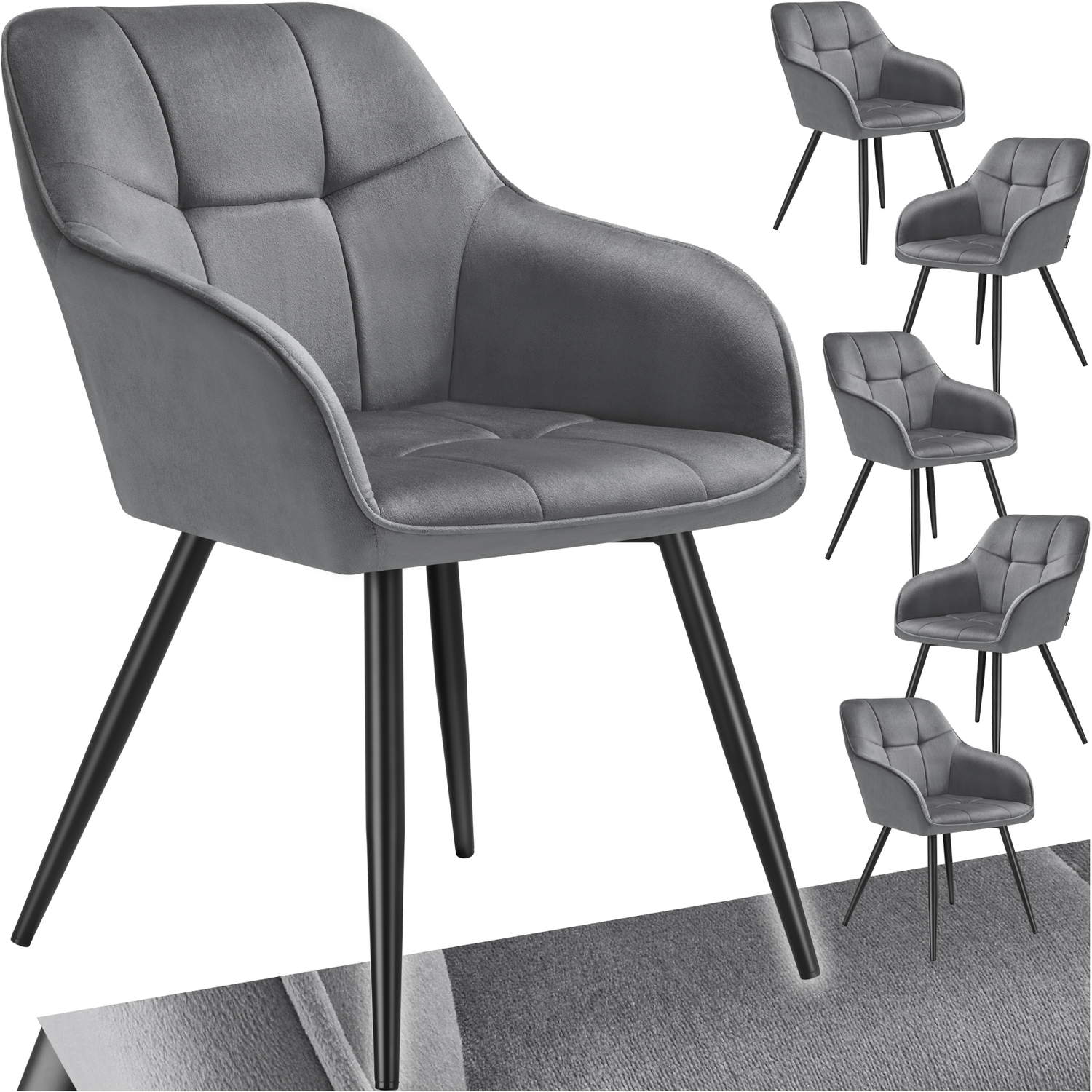 Dining Chair Marilyn - Velvet Look Quilted Pattern - Grey Black 6