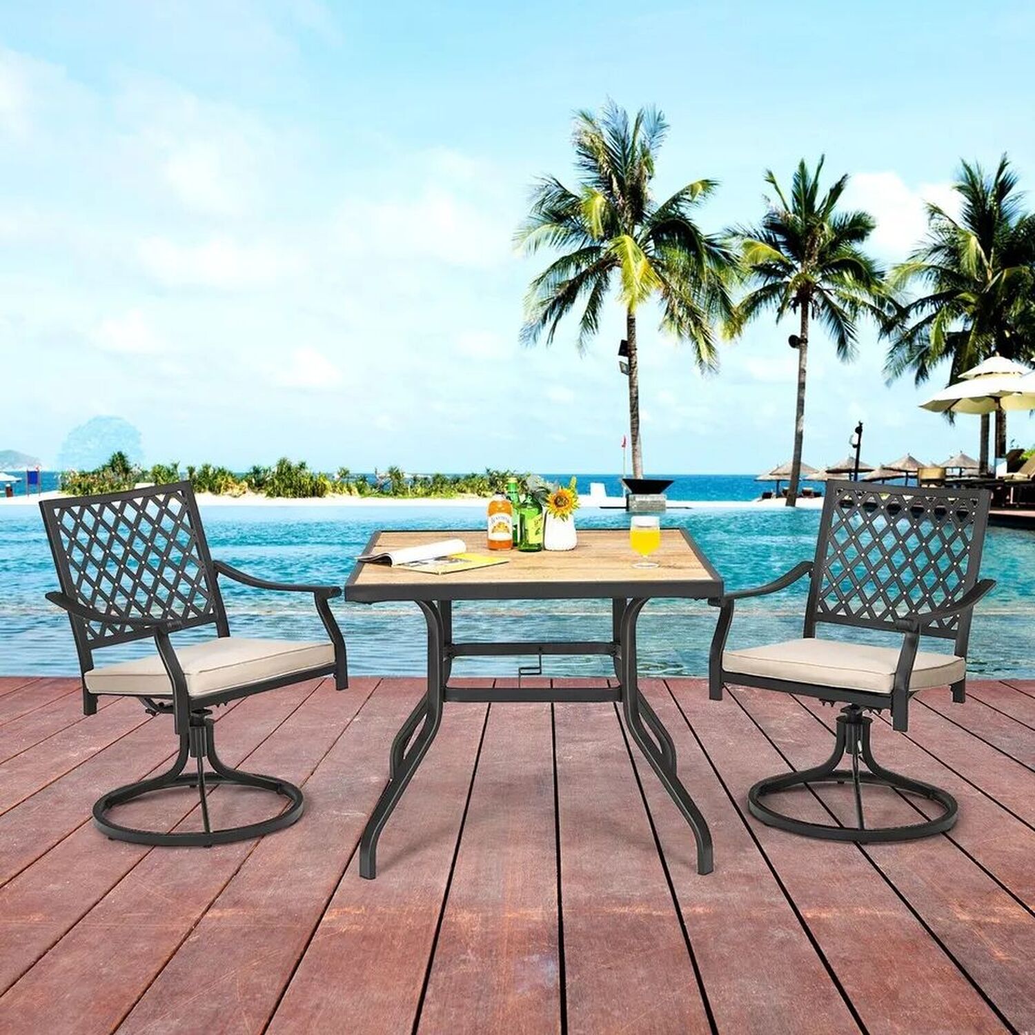 Garden Bistro Set With Swivel Chairs - Black