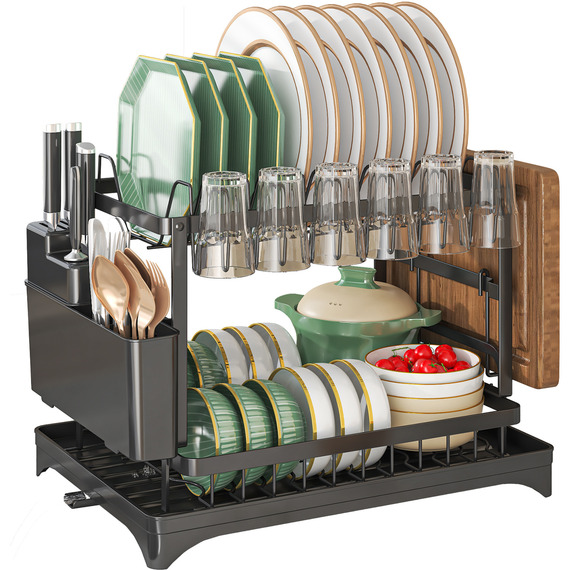 Efficient 2 Tier Dish Drying Rack with Drainboard