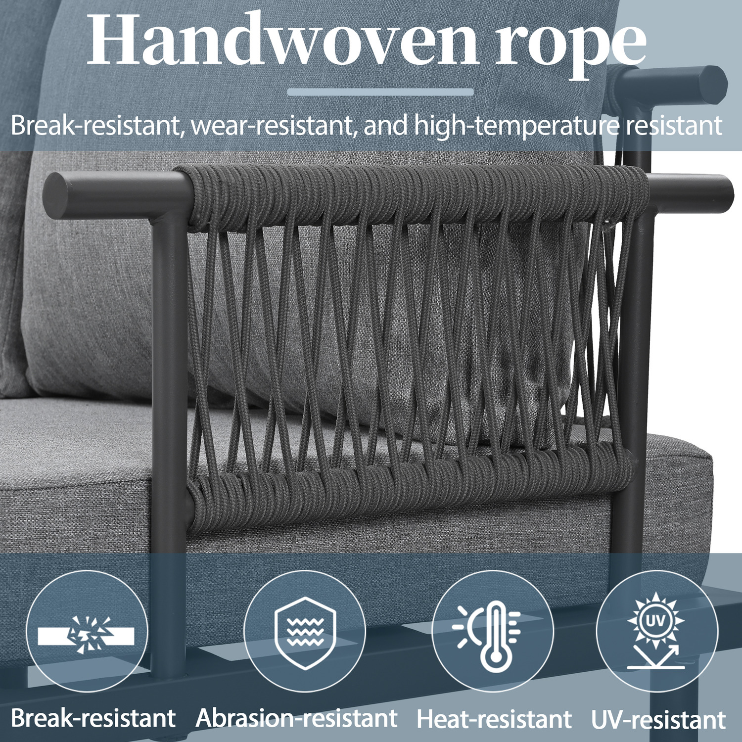 Handwoven Rope 6 Seater Garden Lounge Set With Coffee Table - Grey