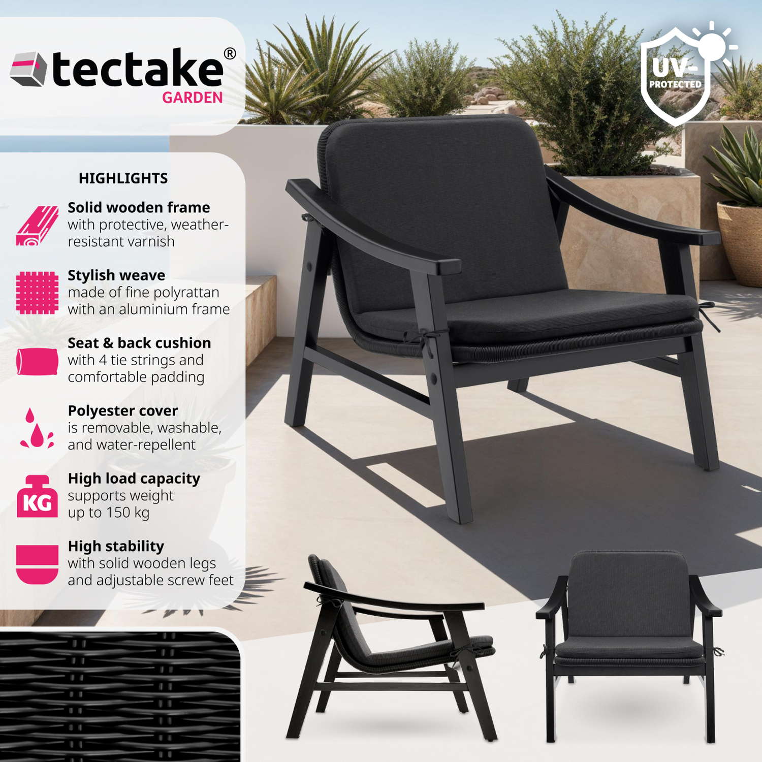 Rattan Garden Chair - Varnished Wooden Frame Lounge Armchair - Black