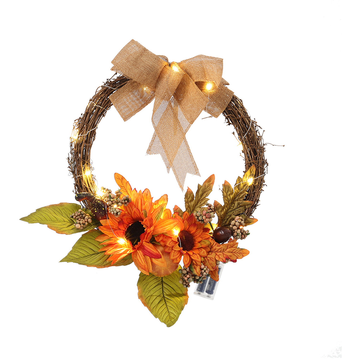 Thanksgiving Halloween LED Sunflower Door Wreath - Orange