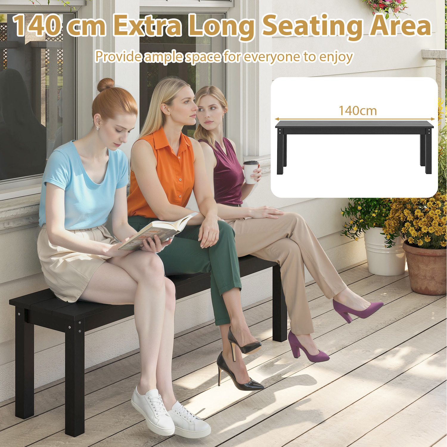 Backless Patio Garden Bench - Black