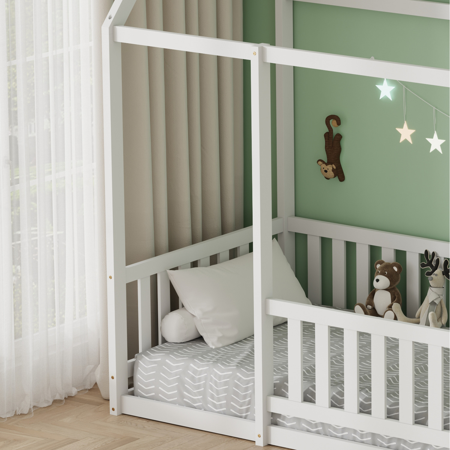 Hmd Solid Pine Wood House Kids Bed With Guardrails - White