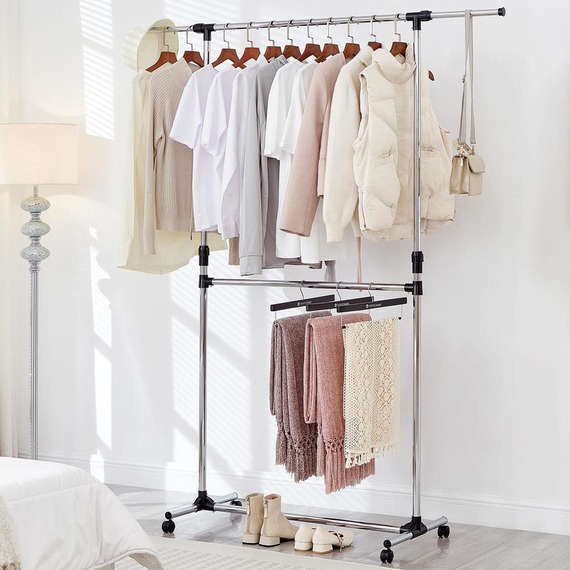 Chrome Double Clothes Rail 2 Tier Adjustable with Wheels