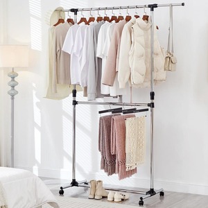 Chrome Double Clothes Rail 2 Tier Adjustable with Wheels