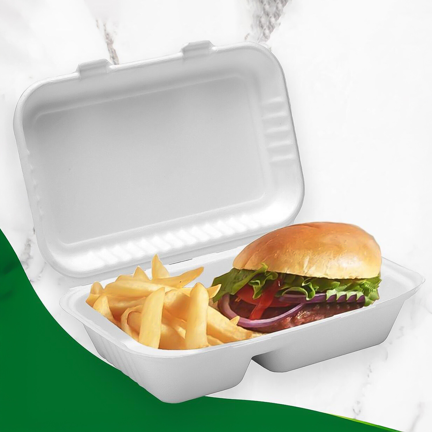 2 Compartment Disposable Bagasse Clamshell Takeaway Boxes