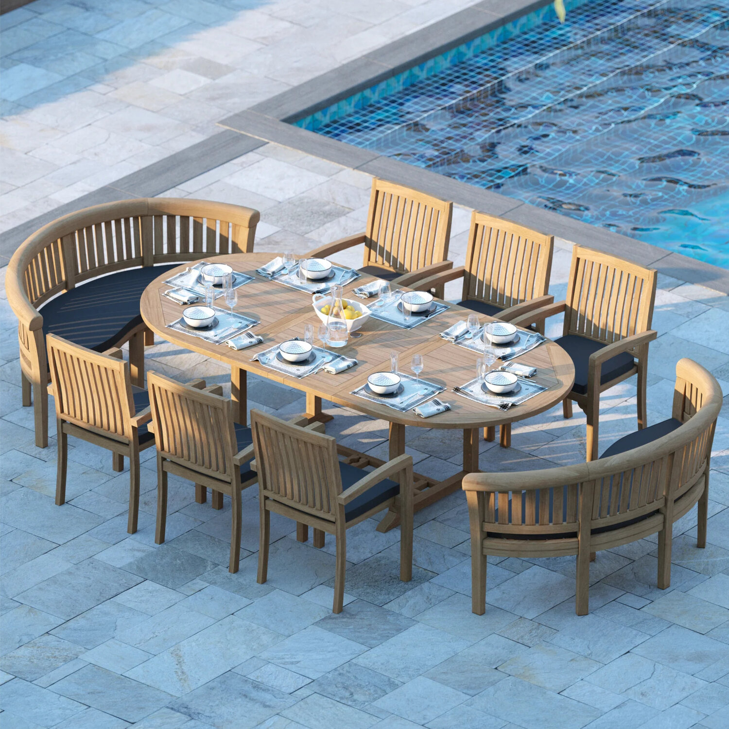 Genoa Teak Garden Dining Table And 8 Seat Chair Set - Teak Table 6 Chairs 2 Benches Black Cushions