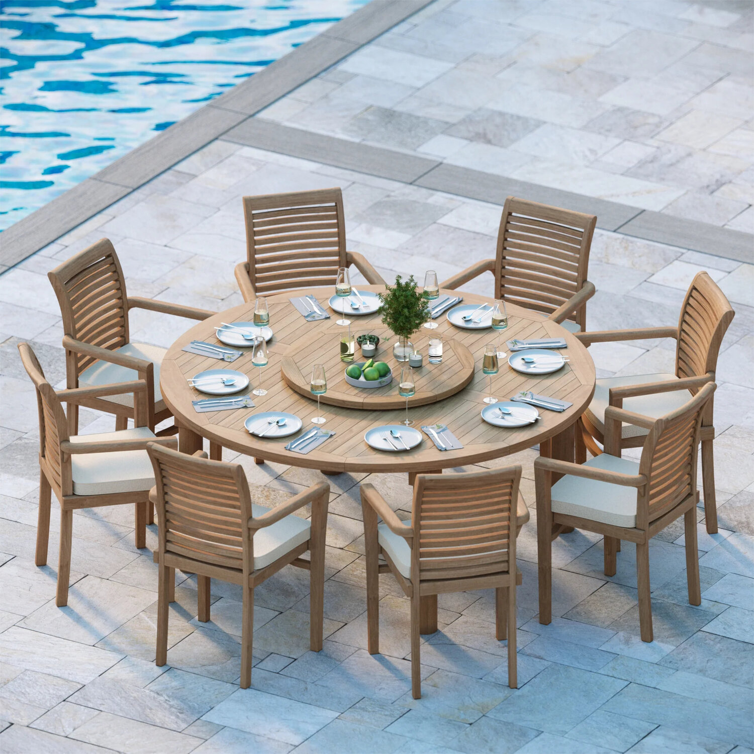 Verona Teak Garden Dining Table And 8 Seat Chair Set - Teak Table 8 Chairs Black Cushions