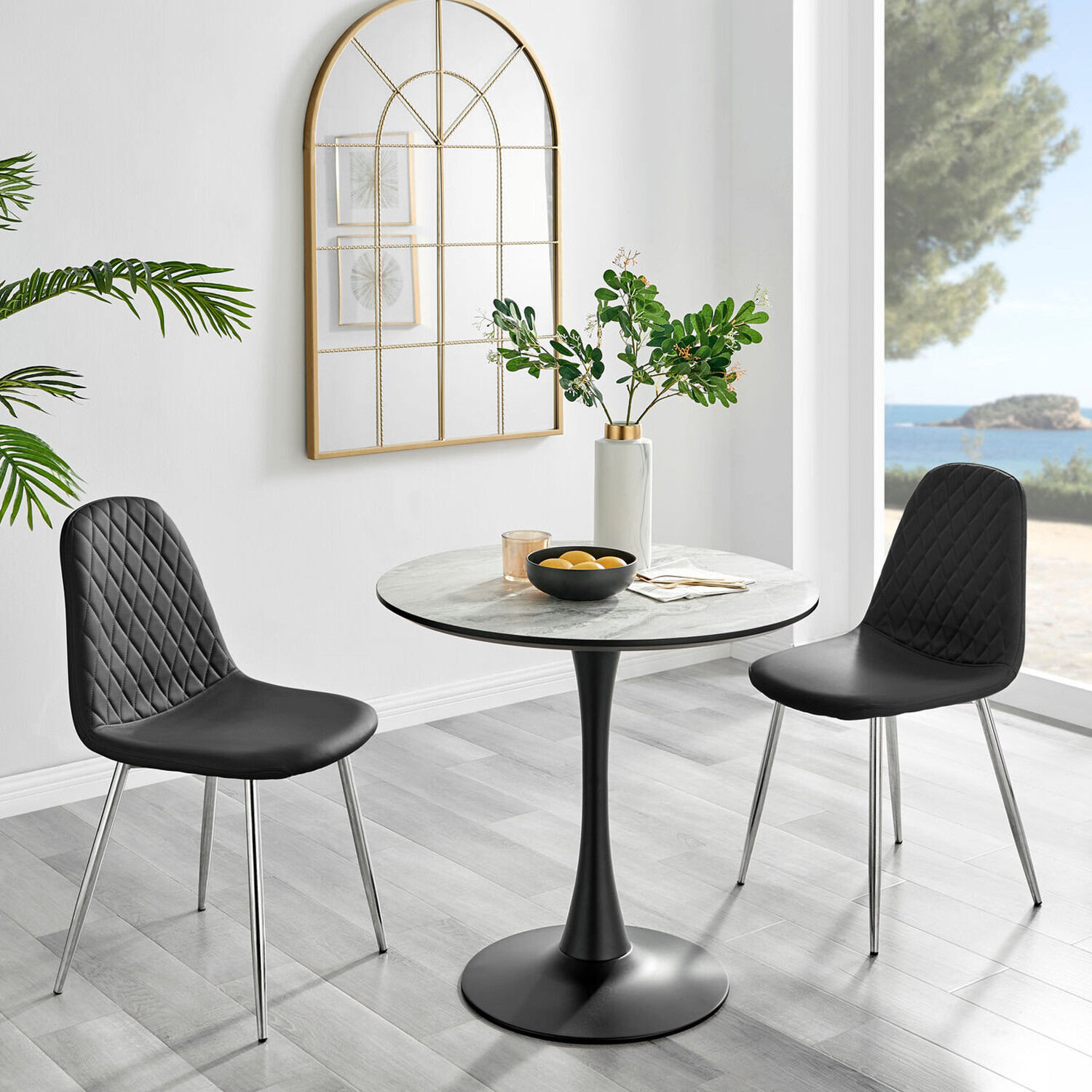 Furnitureboxuk Elina White Marble Effect Round Dining Table And 2 Corona Silver Chairs - Black