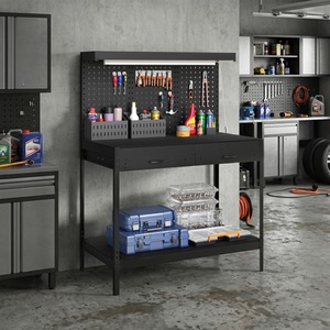 HOMCOM 110 cm Workbench with Pegboard and LED Light
