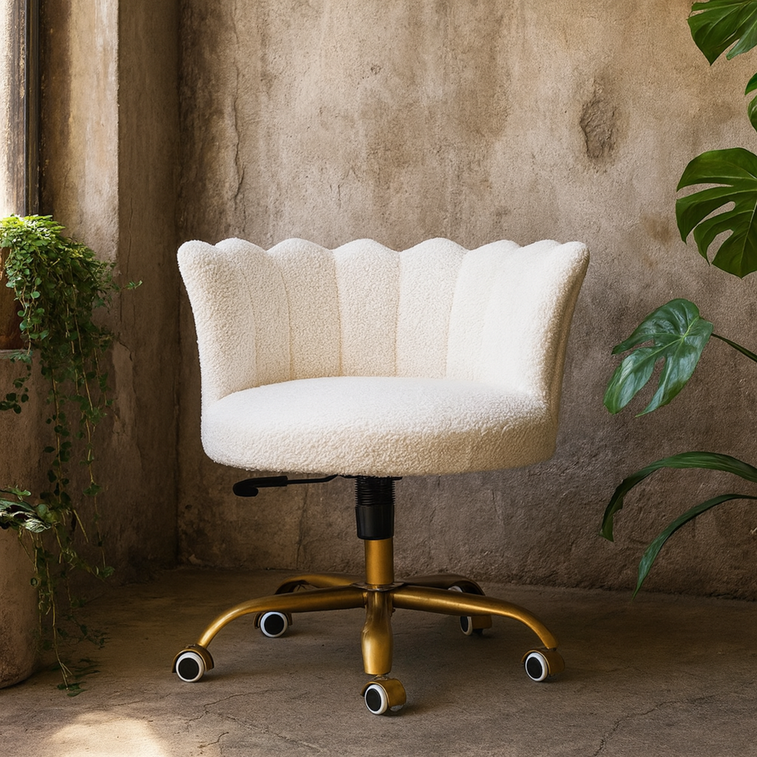 Sarlat Scalloped White Bouclé Swivel Chair with Brass Base - White