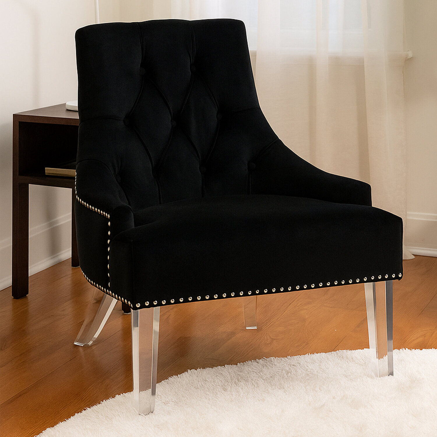 Clarence Button Tufted Black Velvet Chair - Black