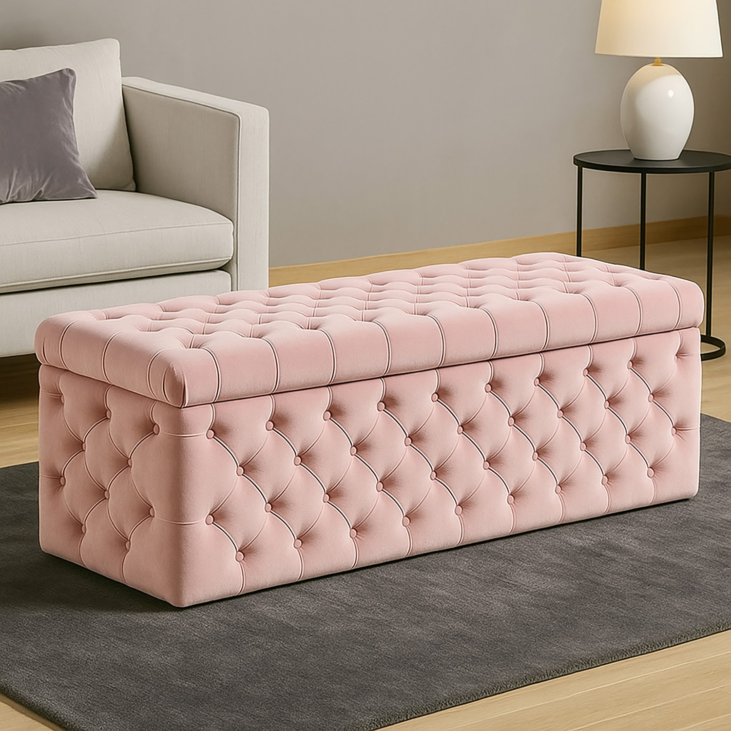 R&M Furnishers Wide Lux Ottoman Storage Box, Red Velvet Upholstered Chesterfield Storage Ottoman Box - Pink Plush Velvet