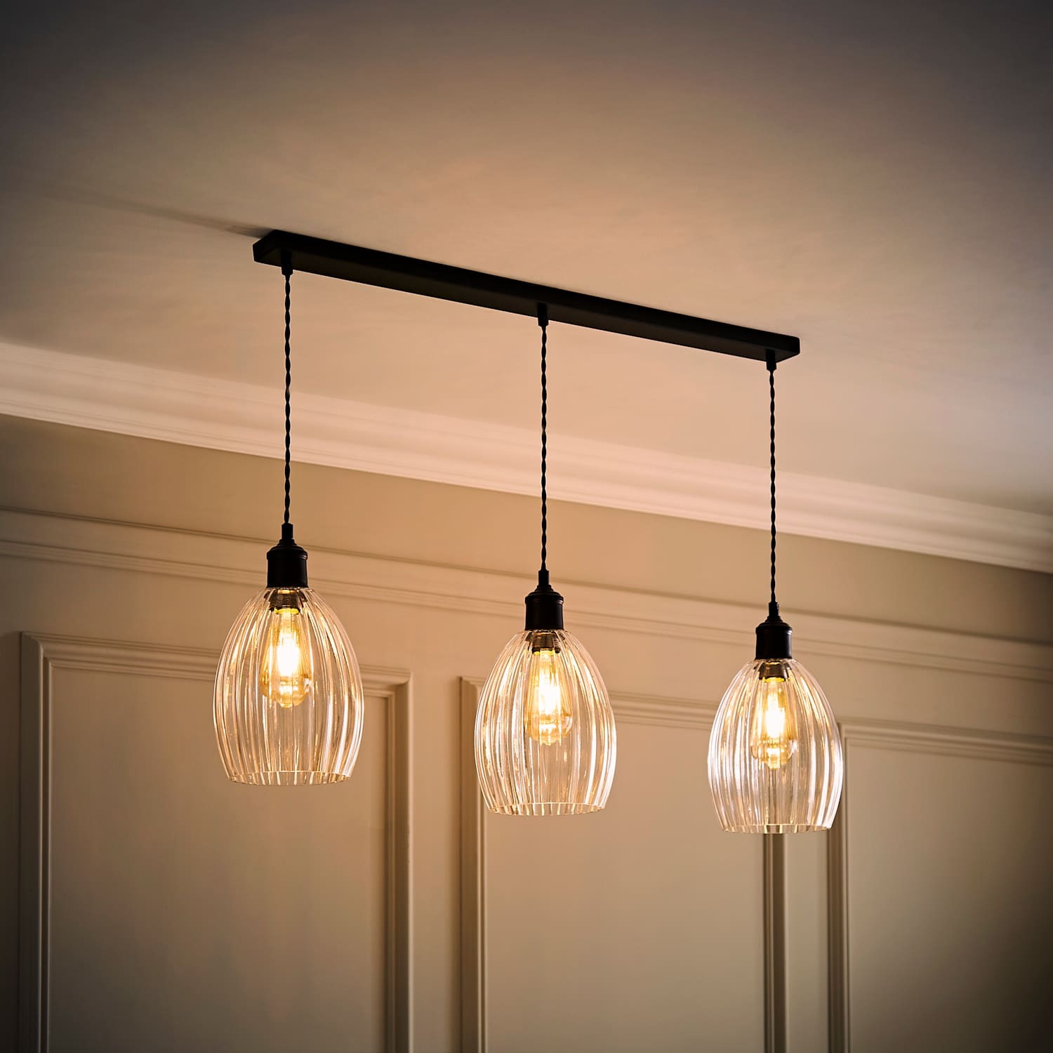 Valuelights Unisex Black Cheltenham Ribbed Glass Dome 3 Drop Bar Diner Ceiling Light W/ Bulbs In - Image 4