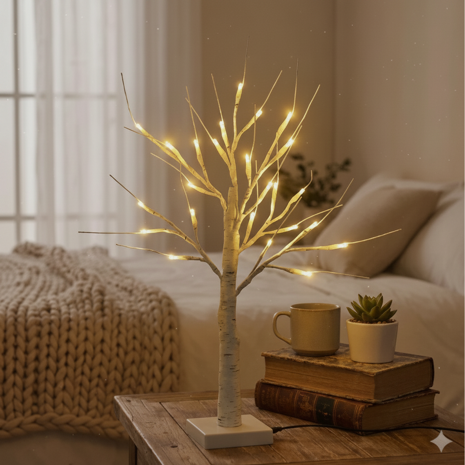 LED Birch Twig Table Lamp Warm White Branch Light - White