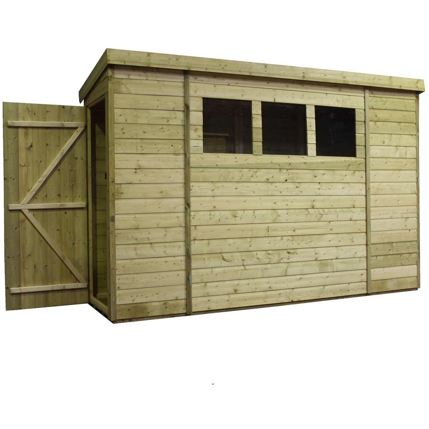 Empire 2600 9x3 Pent Garden Shed with a Single Door on Left Side Panel & 3 Windows - Green