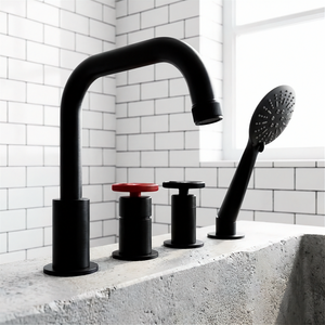 4-Hole Standing Bath Mixer Tap Sink Faucet Black Finishing Industrial Red Handle