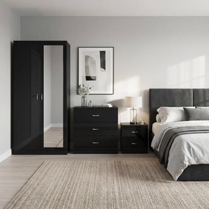 Black Gloss Bedroom Furniture Set Wardrobe 3 Drawer Chest Bedside