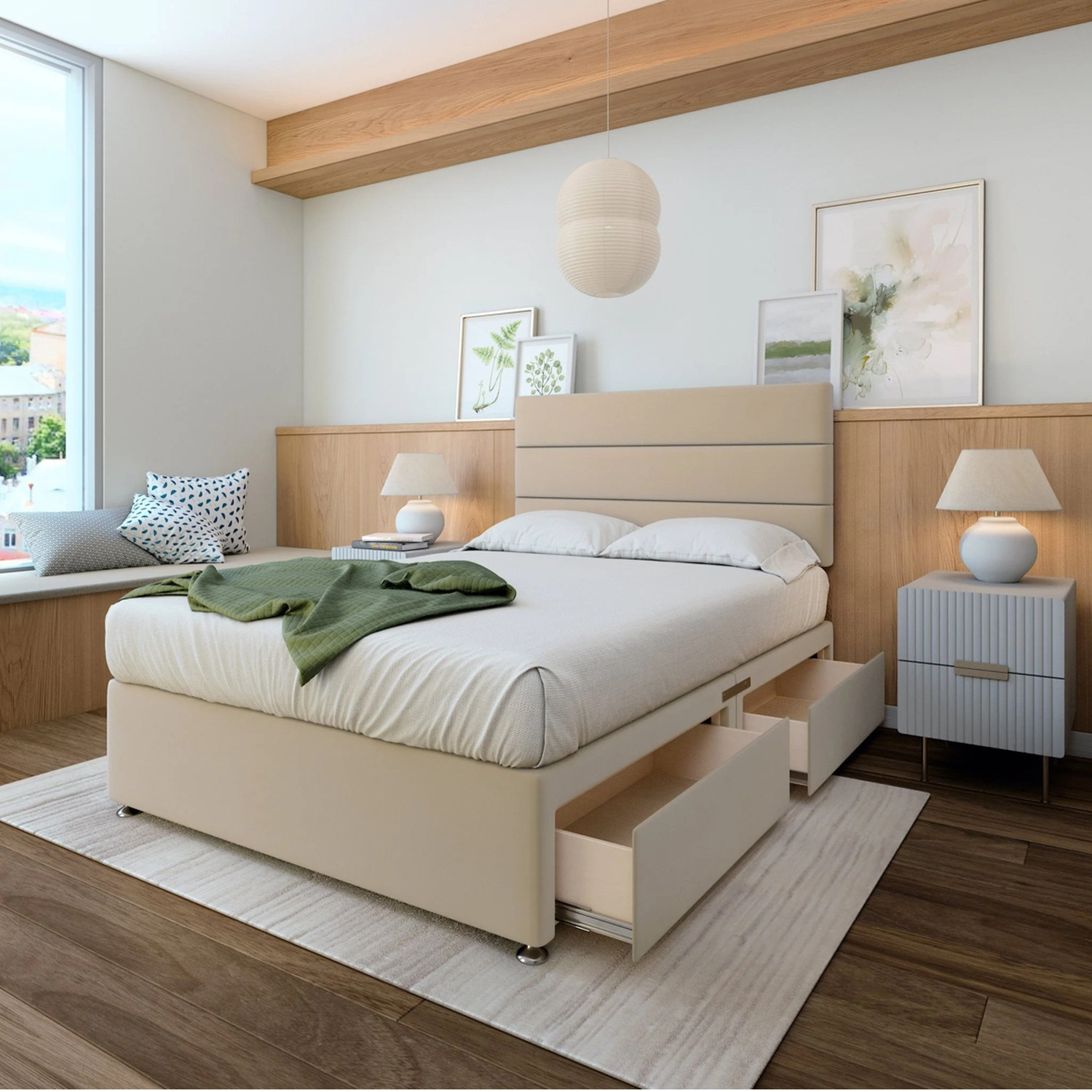Plush Velvet Divan Base With Storage And Lined Headboard - Colour Options - Natural Double 50kg