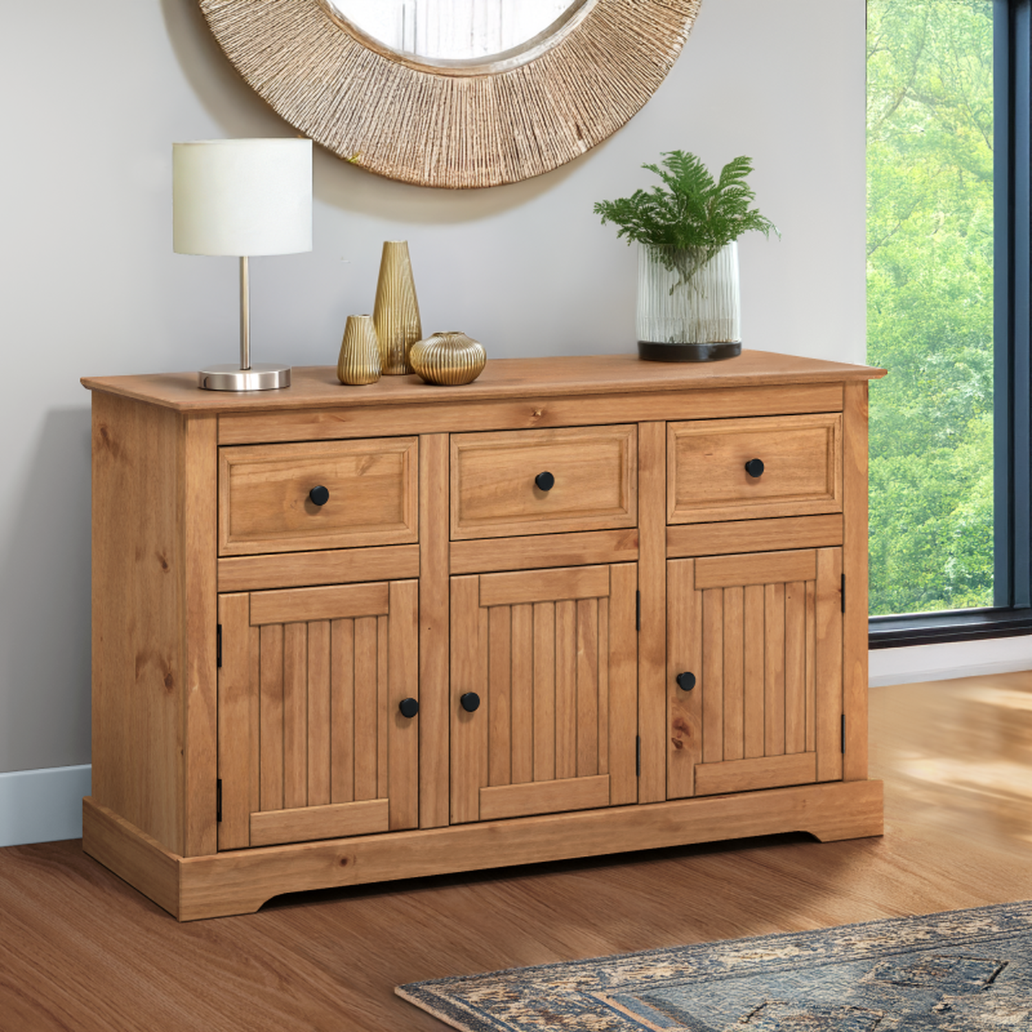 Country 3 Door 3 Drawer Sideboard Solid Wood Pine Wooden Dresser Cupboard - Antique Wax