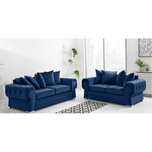 VERONA Plush Fabric 3 and 2 Seater Scatter Back Sofa (Blue)