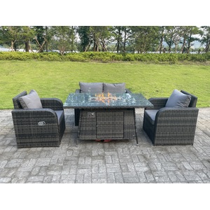 Rattan 4 Seater Gas Fire Pit Sofa Set Reclining Chairs