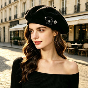 French Floral Rhinestone Wool Beret