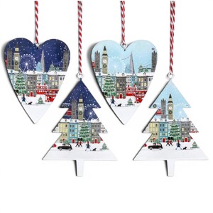 Set of 4 London Scene Shaped Christmas Tree Decorations