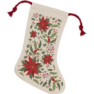 Christmas Poinsettia Stocking - Novelty Xmas Gift - Linen-Style With Red Drawstring Ties